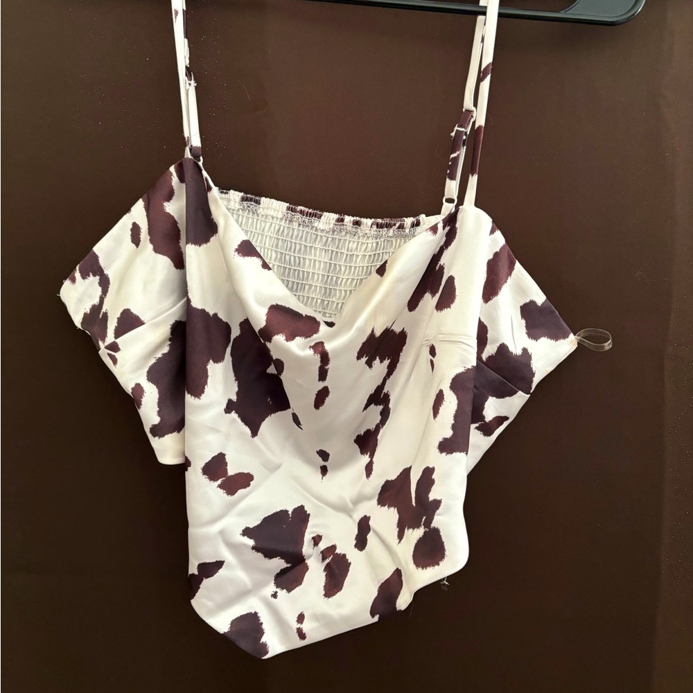 Cowl neck, cow print, spaghetti-strap style top